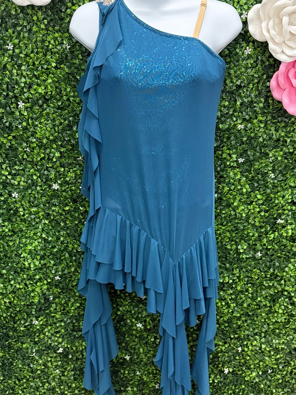 Girls Teal One-Shoulder Dance Costume with Ruffles
